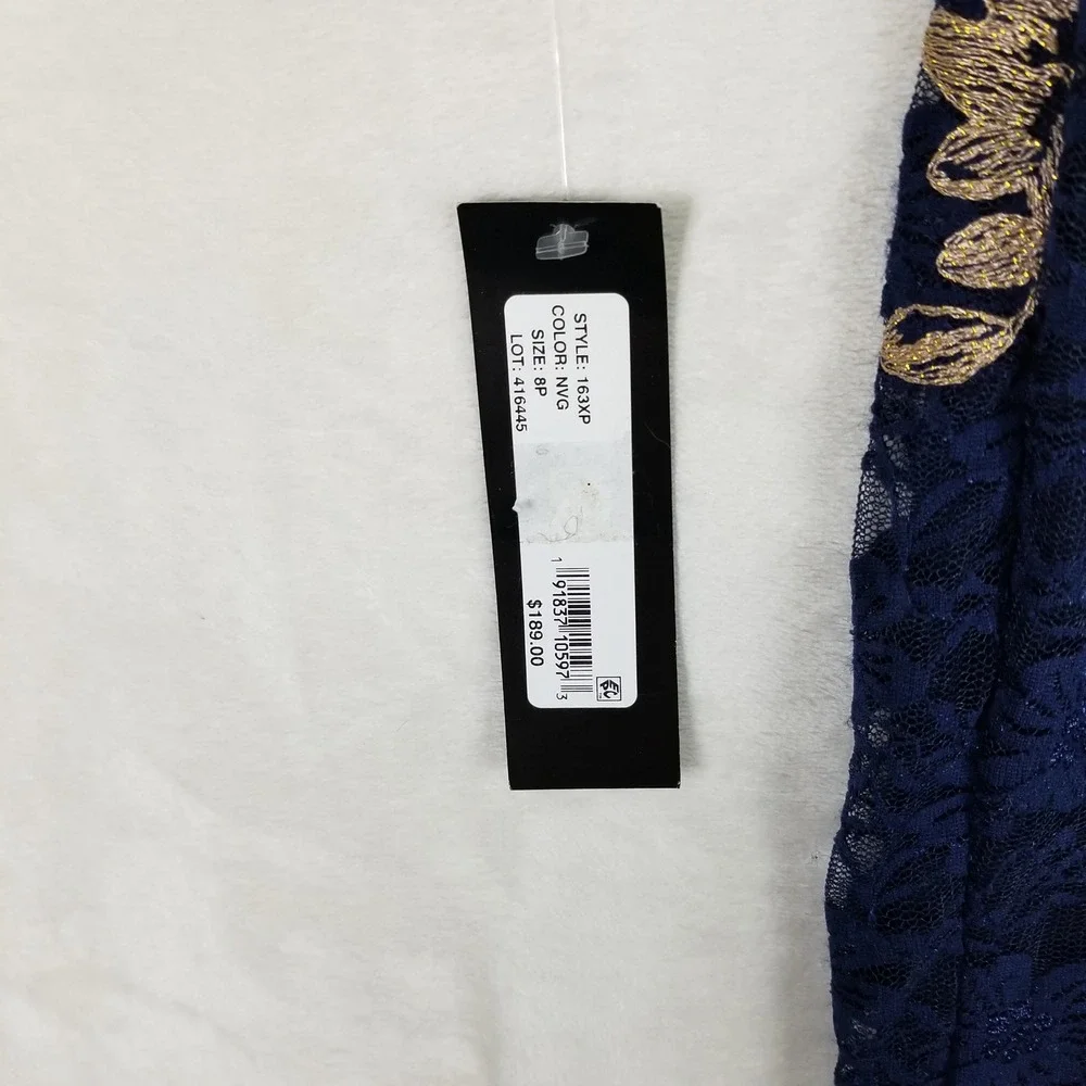 XSCAPE Sheath Dress Women 8P Navy Gold Floral Lace Embroidered Long Sleeve 163XP